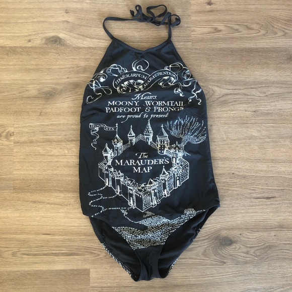 Hot Topic Harry Potter Swimsuit Black and White Size Med Midnight Marauder’s - Picture 2 of 12
